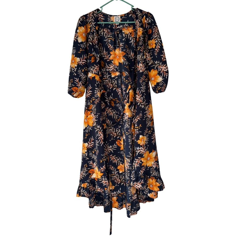 Blue Rain Navy Blue Midi Wrap Kimono with Orange Floral Print Cover Up